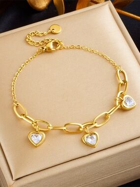 Gold Heart Charm Link Bracelet with Crystal Hearts - Women Jewelry